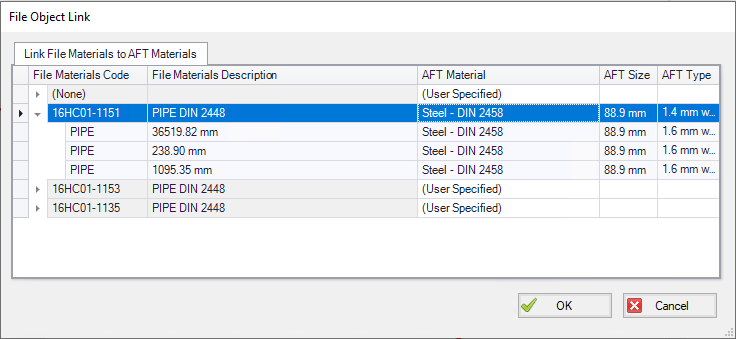 The File Object Link window for Piping Component File Import.